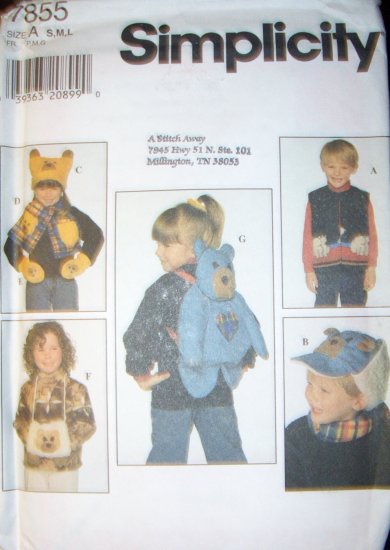 Simplicity 7855 Child Backpack, Vest, Hat, Scarf, Mitt, & Muff Pattern - Size S M L, UNCUT FF OOP