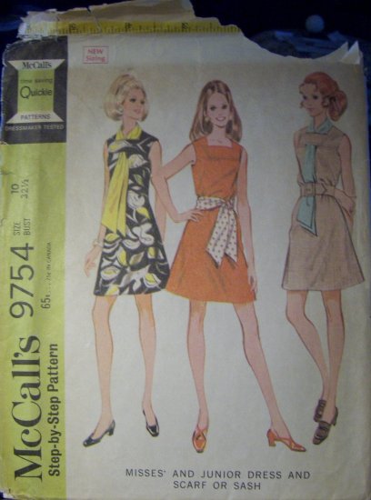 Vintage 1960s McCalls 9754 Pattern Misses Dress, Scarf or Sash, Size 10, Bust 32.5