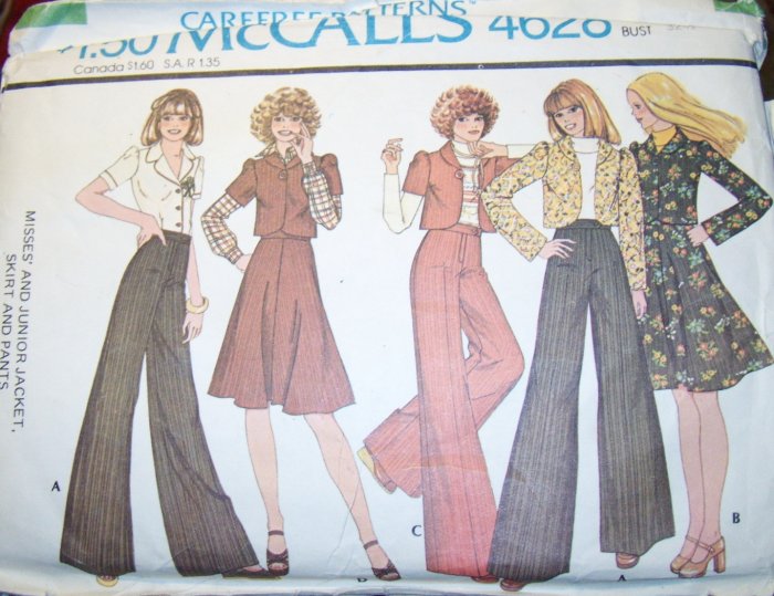 Vintage 1970s McCalls 4628 Pattern, Misses Jacket, Skirt & Bell Bottoms, Size 10, Bust 32.5  Uncut
