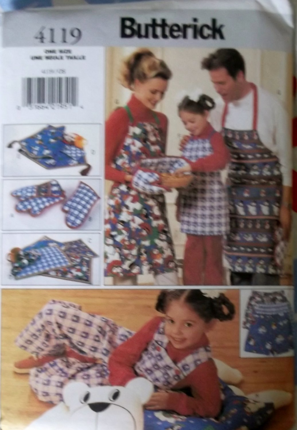 Butterick 4119 Pattern Oven Mit, Placemat, Table Runner, Adult, Kid Apron, Shorts, Pillowcase, UNCUT