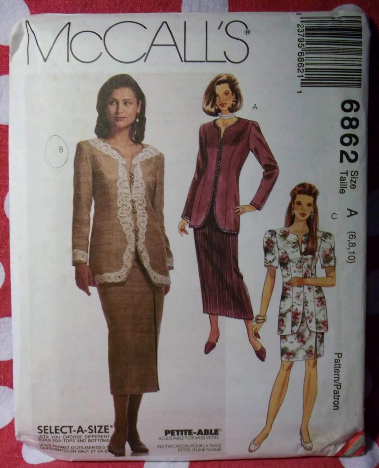 McCall's 6862 Pattern Misses Petite Jacket & Pleated or Slim Skirt, Size 6 8 10, UNCUT
