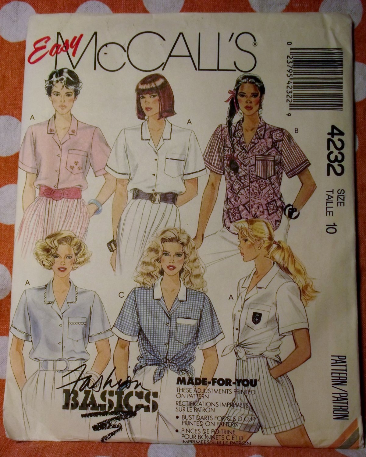OOP McCalls 4232 Easy Pattern, Misses Tie-Front Shirt-Blouse, Size 10, UNCUT