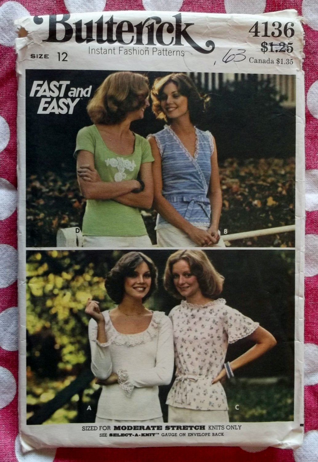 Vintage Butterick 4136 Pattern,  Misses Tops 4 Variations, Sz 12 Bust 34, UNCUT