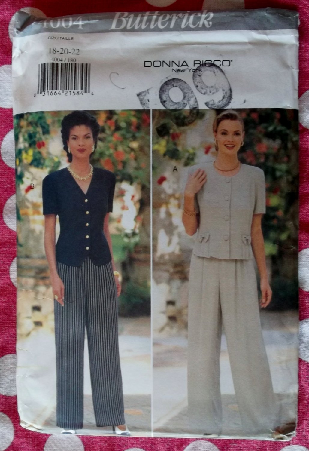 OOP Butterick 4004 Designer Donna Ricco Pattern, Misses Top Pants Sz 18 20 22, UNCUT