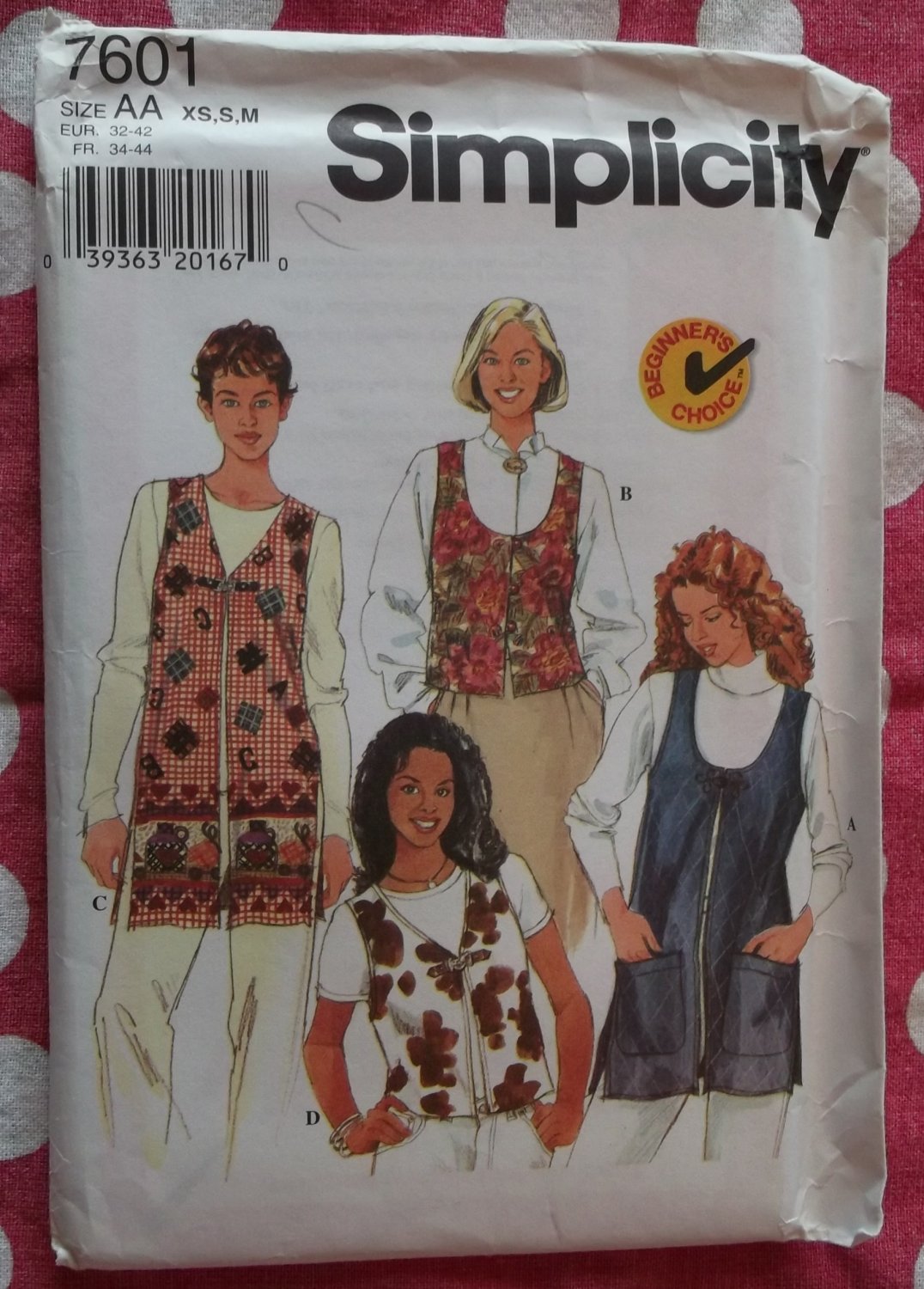 OOP Simplicity 7601 Beginners Choice Sewing Pattern, Misses Vest  Sz XS, S, M,  UNCUT