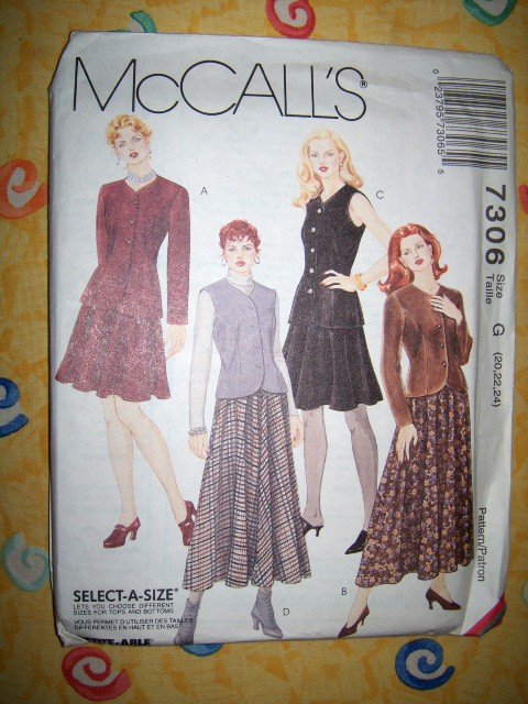 McCalls 7306 Pattern, Lined Jacket, Lined Vest and Skirt Size 20, 22, 24 Uncut