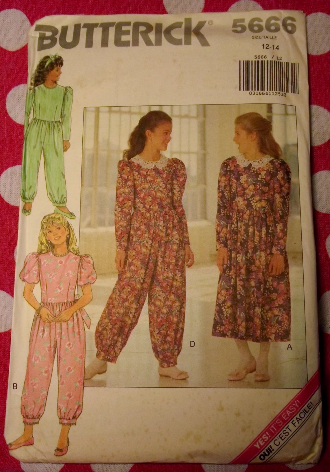 OOP Easy Butterick 5666 Pattern, Girls Dress or Baggy Jumpsuit, Size 12 14, UNCUT