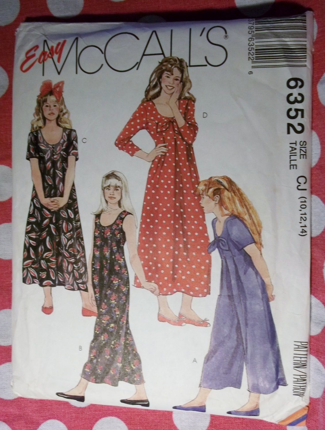 OOP Easy McCalls 6352 Pattern, Girl's Dress and Jumpsuit, Sz 10, 12, 14, UNCUT
