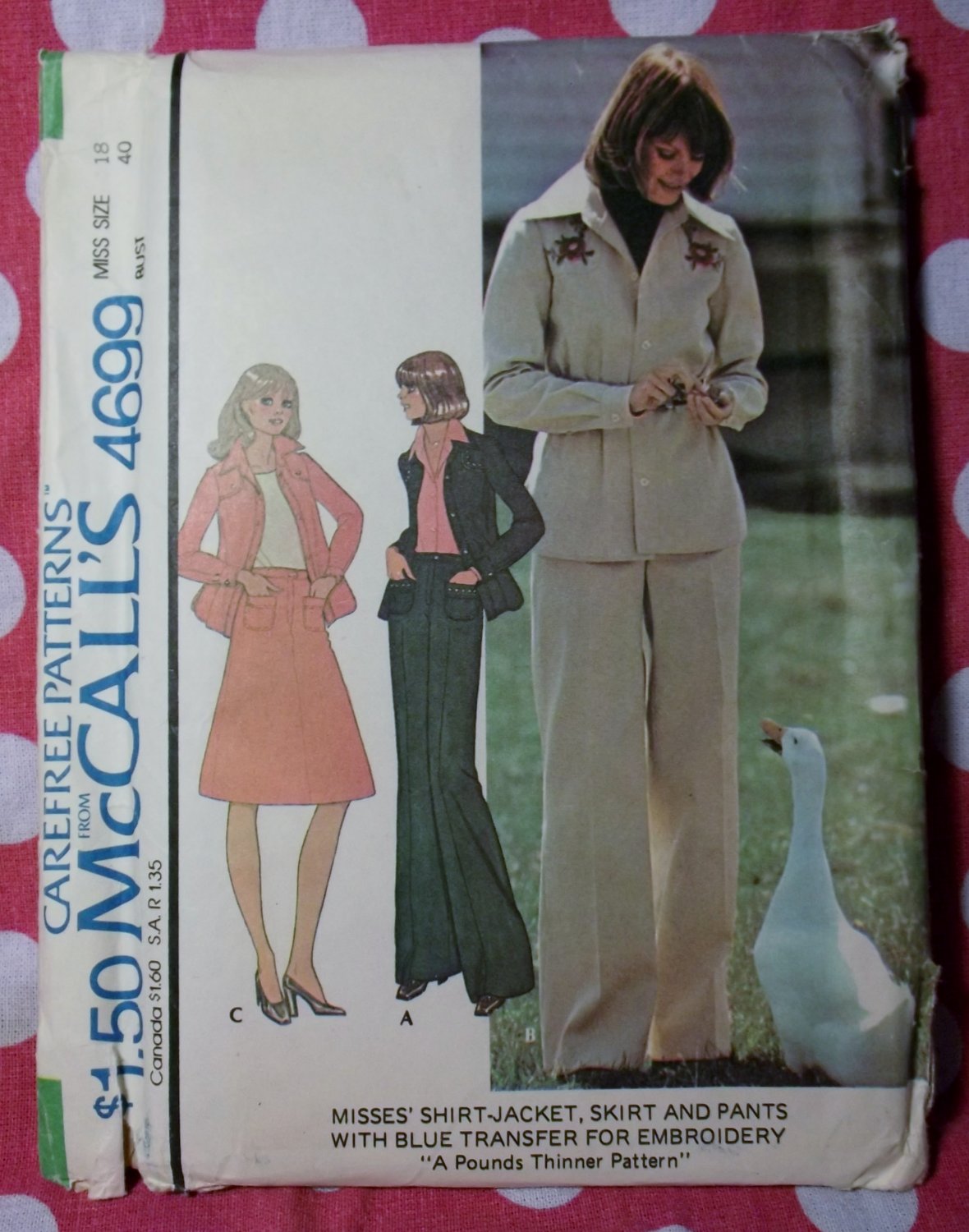 Vintage McCall's 4699 Pattern, Misses Shirt-Jacket Skirt Pants & Transfer, Sz 18, UNCUT