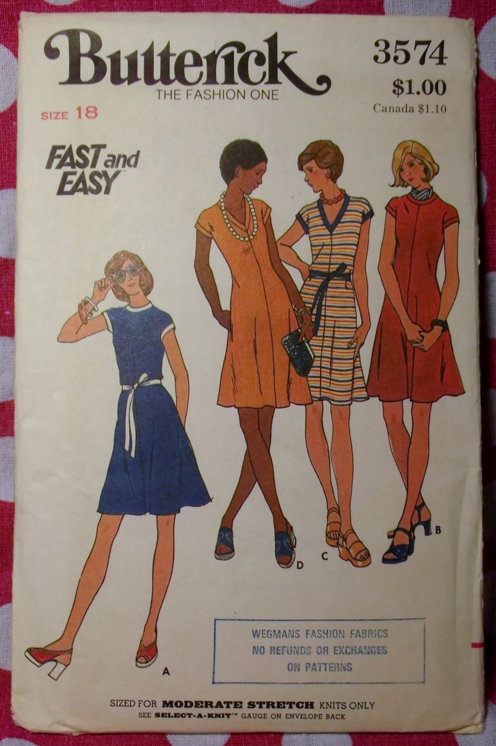 Vintage 70s Fast & Easy Butterick 3574 Pattern, Misses Dress, Sz 18, UNCUT