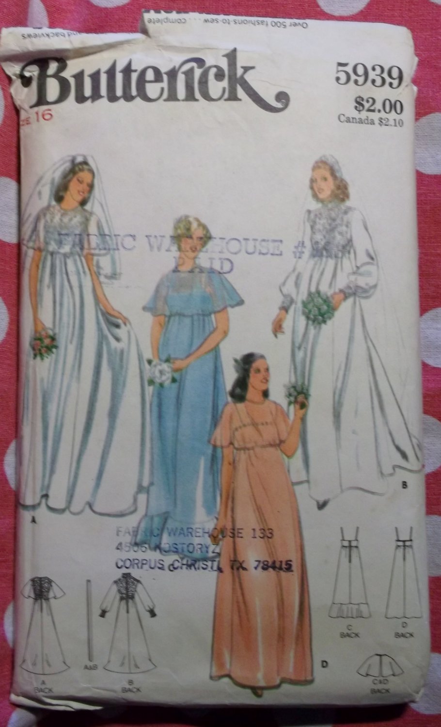 Vintage Butterick 5939 Pattern, Misses Wedding Bridesmaid Bridal Gown, Sz 16, Uncut