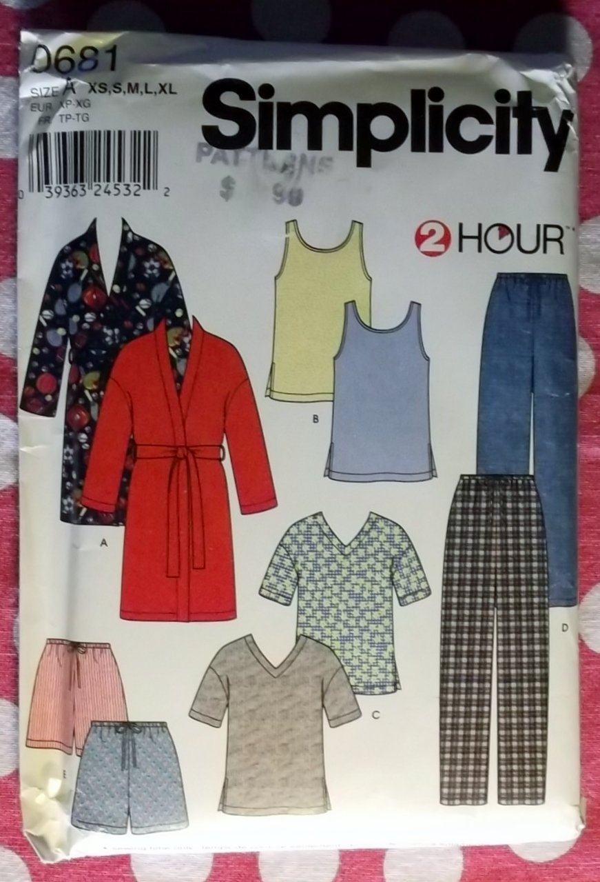 OOP Simplicity 0681 2 Hour Pattern, Unisex Robe, Knit Tank, Pants or Shorts, Sz XS to XL, UNCUT