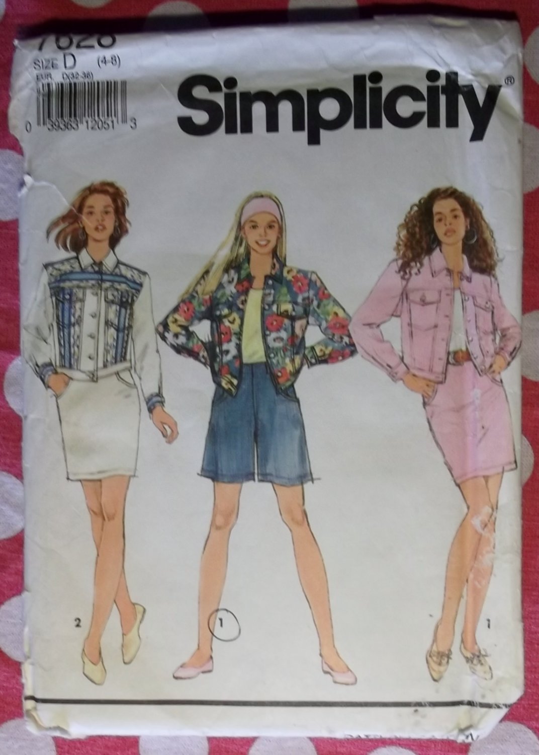 OOP 1991 Simplicity 7628 Skirt, Flared Shorts & Jeans Style Jacket Pattern, Size 4-8, UNCUT