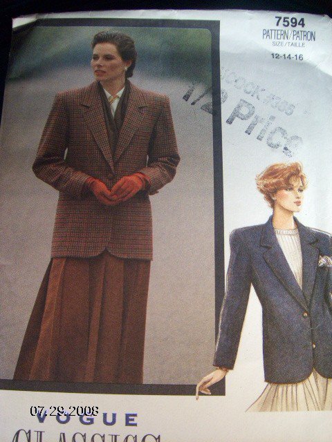 OOP Vogue Classics 7594 Pattern, Jacket Size 12, 14, 16, Bust 34, 36, 38 Uncut