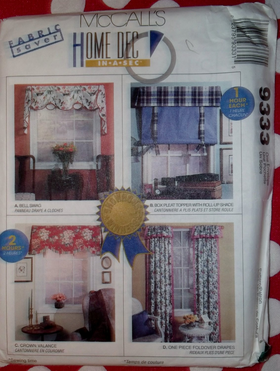 OOP Easy McCalls 9333 Valance, Shades, Window Coverings Pattern, Uncut