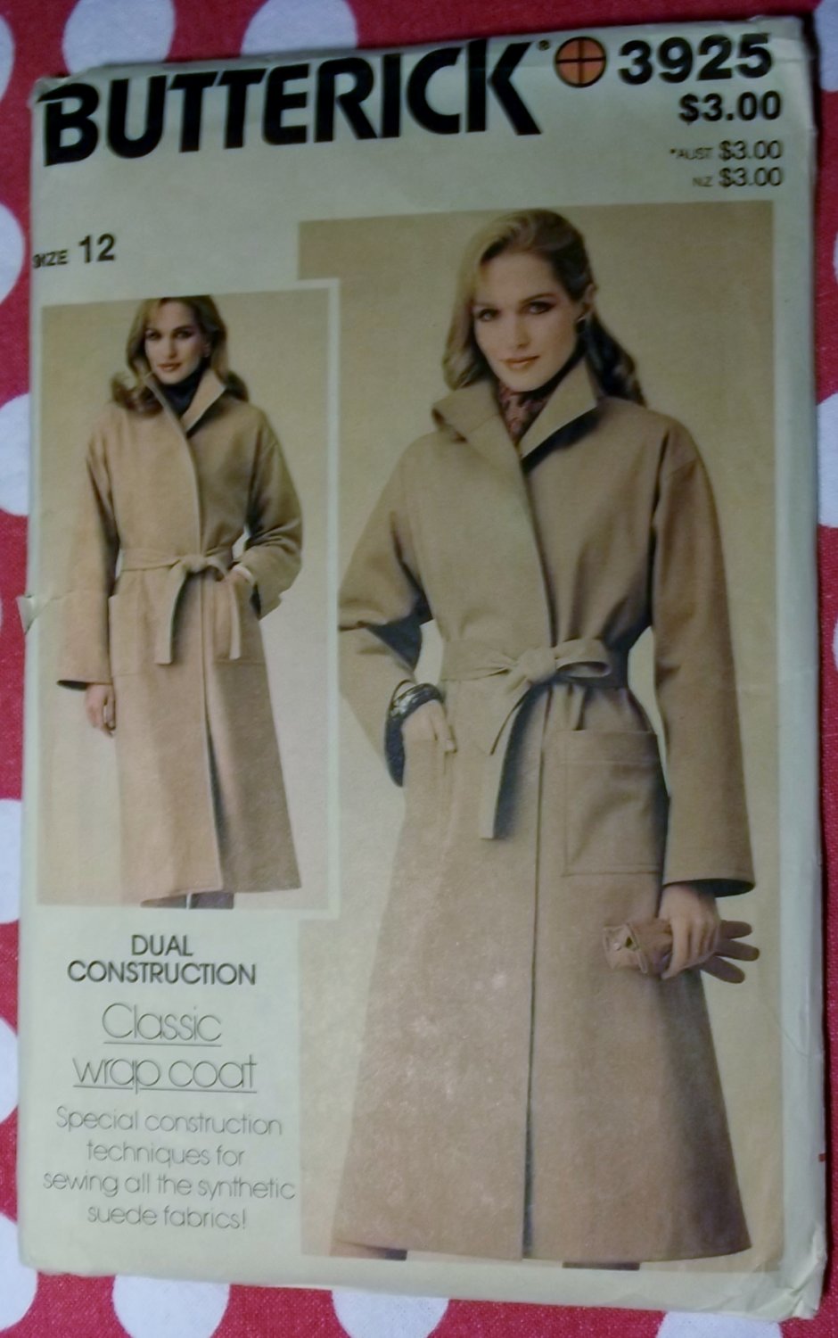 Butterick 3925  Classic Wrap Coat Pattern, Size 12, UNCUT