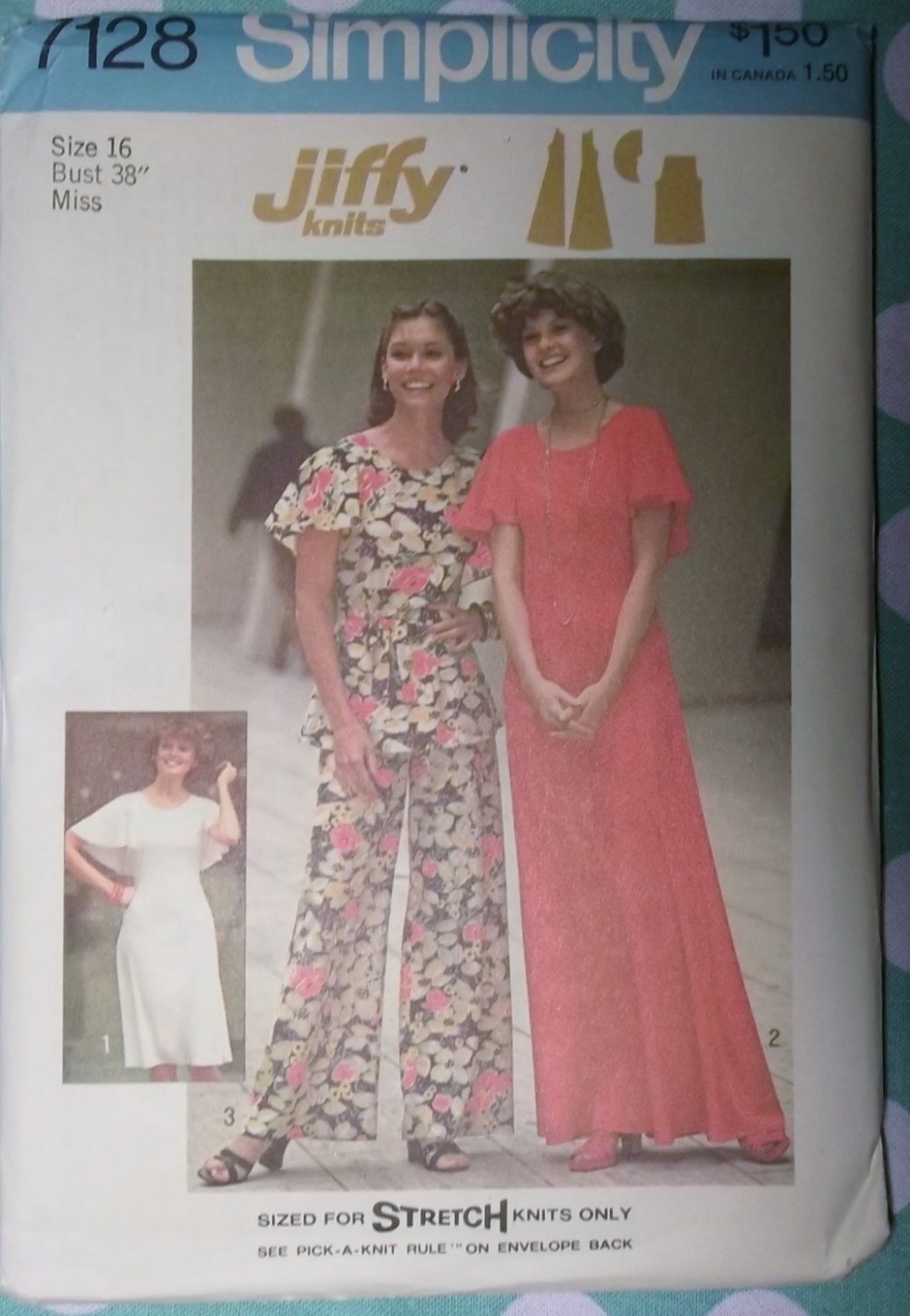 Vintage 1970s Jiffy Simplicity 7128 Pattern Knit Dress or Top and Pants Size 16 Uncut