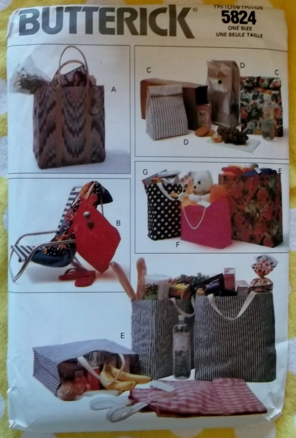 Butterick 5824 Re-usable Tote Bags, Draw string, Lunch, Sewing Pattern, Uncut