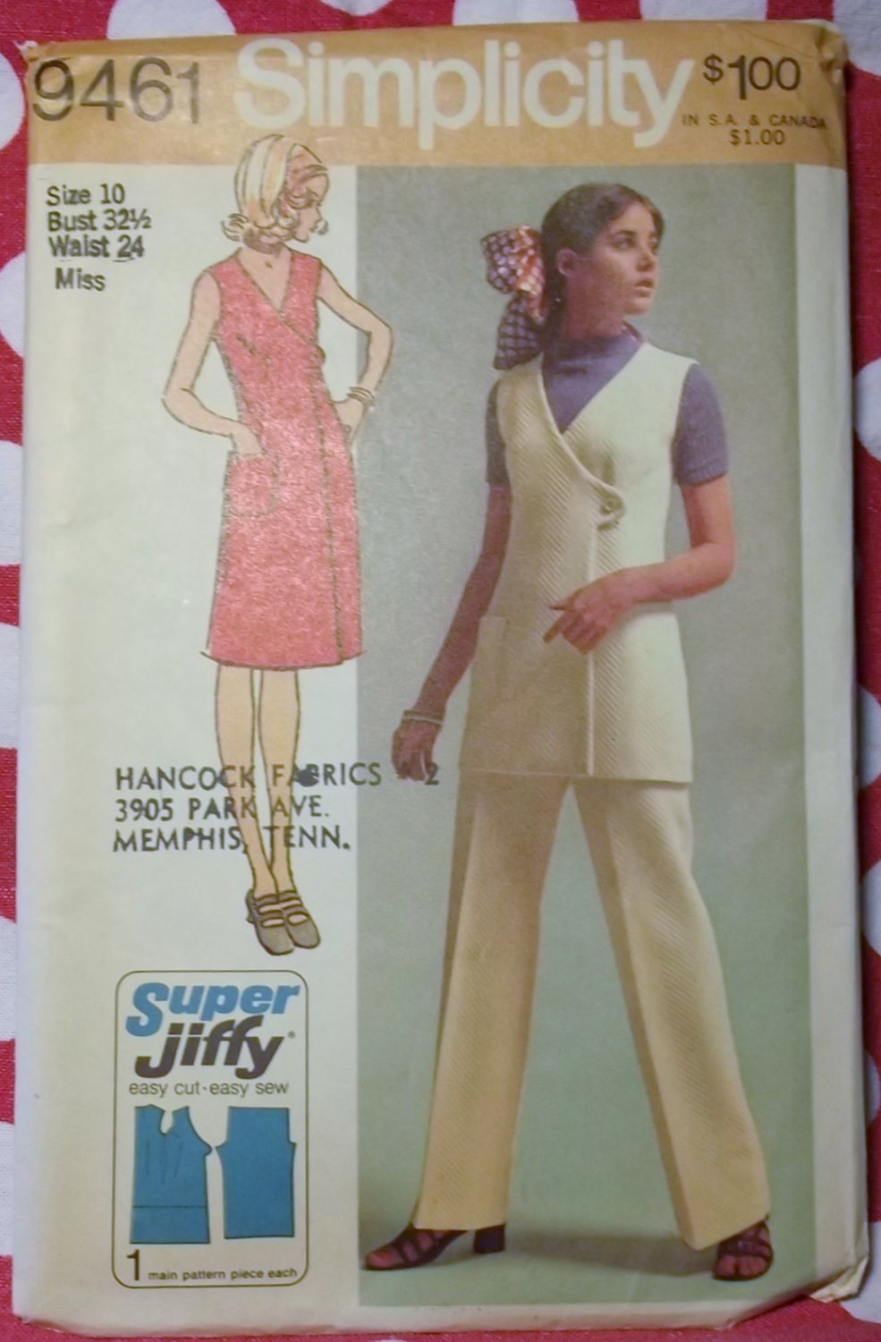 Easy 70's Simplicity 9461 Dress, Tunic & Pants Vintage Sewing Pattern, Sz 10 Bust 32 1/2, Uncut