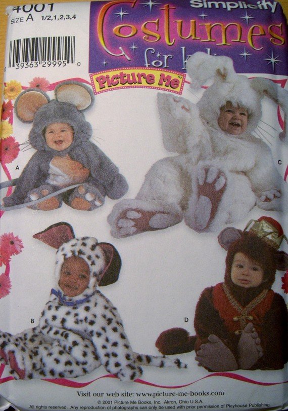 Toddler Picture Me Costumes Mouse Bunny Bear Simplicity 4001 Pattern, Sz  1/2 to 4,  UNCUT  OOP