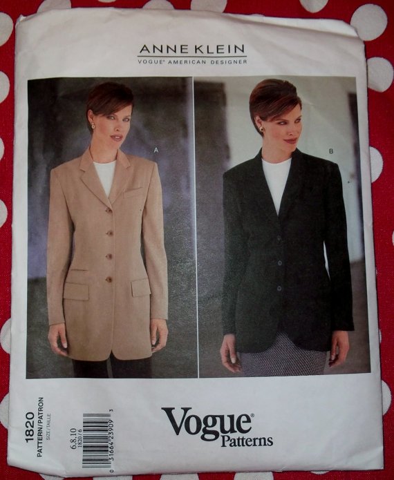 Designer Anne Klein Misses Jacket OOP Vogue 1820 Pattern, Size 6 8 10, Bust 30 1/2 to 32 1/2, UNCUT