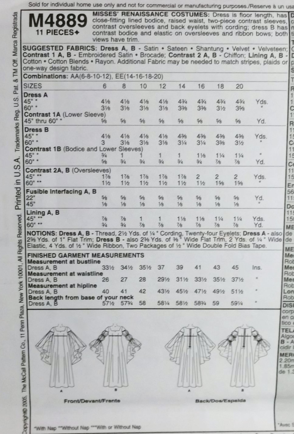 Renaissance Dress Empire Waist, Back Lacing McCalls 4889 Pattern Sz 14 ...