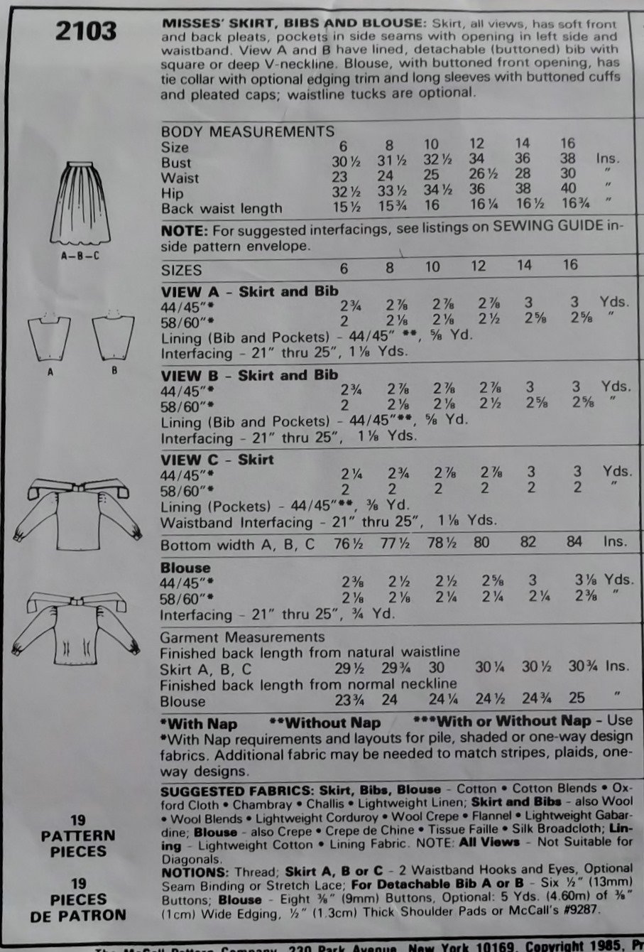 McCalls 2103 Misses Skirt Bib and Blouse Pattern, Size 8, UNCUT