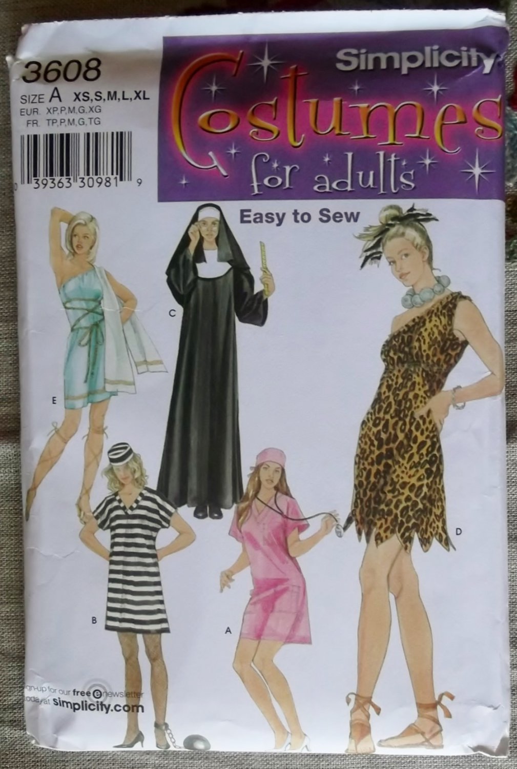 Easy Misses Costumes Nun Cavegirl Prisoner Toga Nurse Simplicity 3608