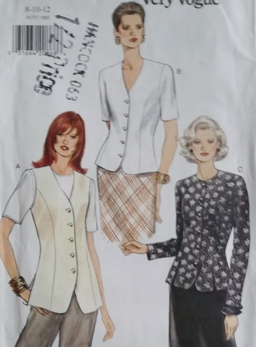 Classic Misses fitted Top, 2 sleeve styles   Vogue 9173 Pattern,  Sz 8 10 12,  UNCUT