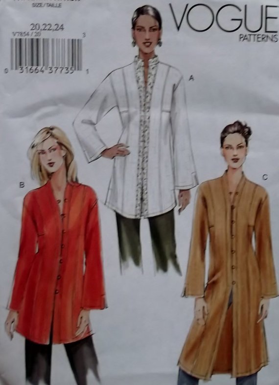 Easy Misses' or Petite Tunic Vogue V7854 Patterns, Size 20 22 24, Uncut