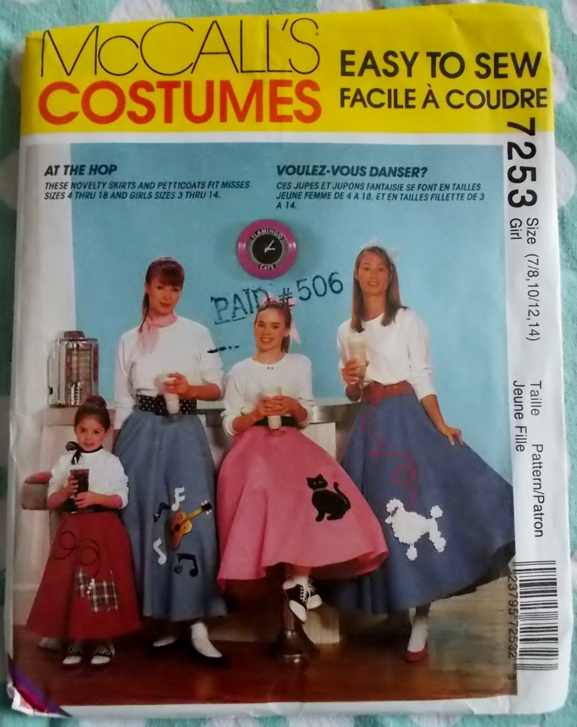 OOP Easy McCalls 7253 Costume Girls' Poodle Skirt sewing pattern Sz 7/8 to 14, UNCUT