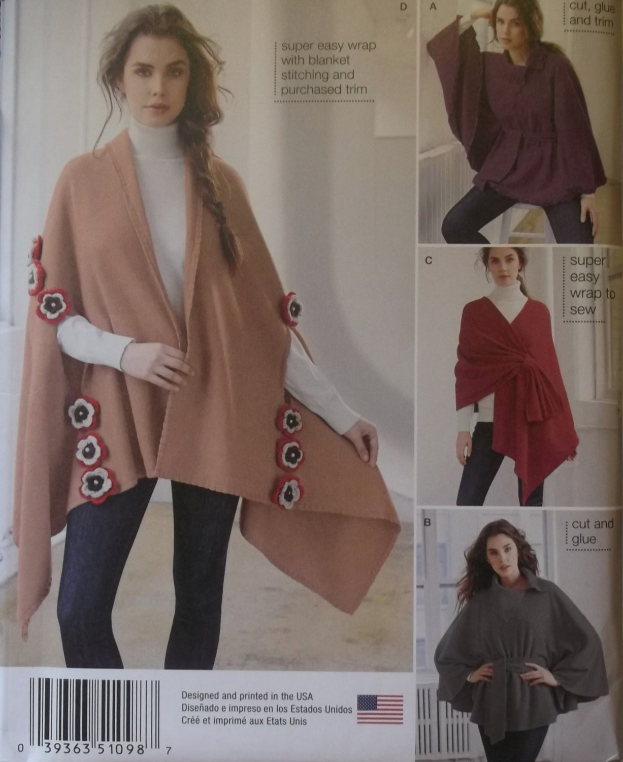 Easy Misses' Fleece Ponchos & Wraps Simplicity 1098 Pattern, One Size, UNCUT