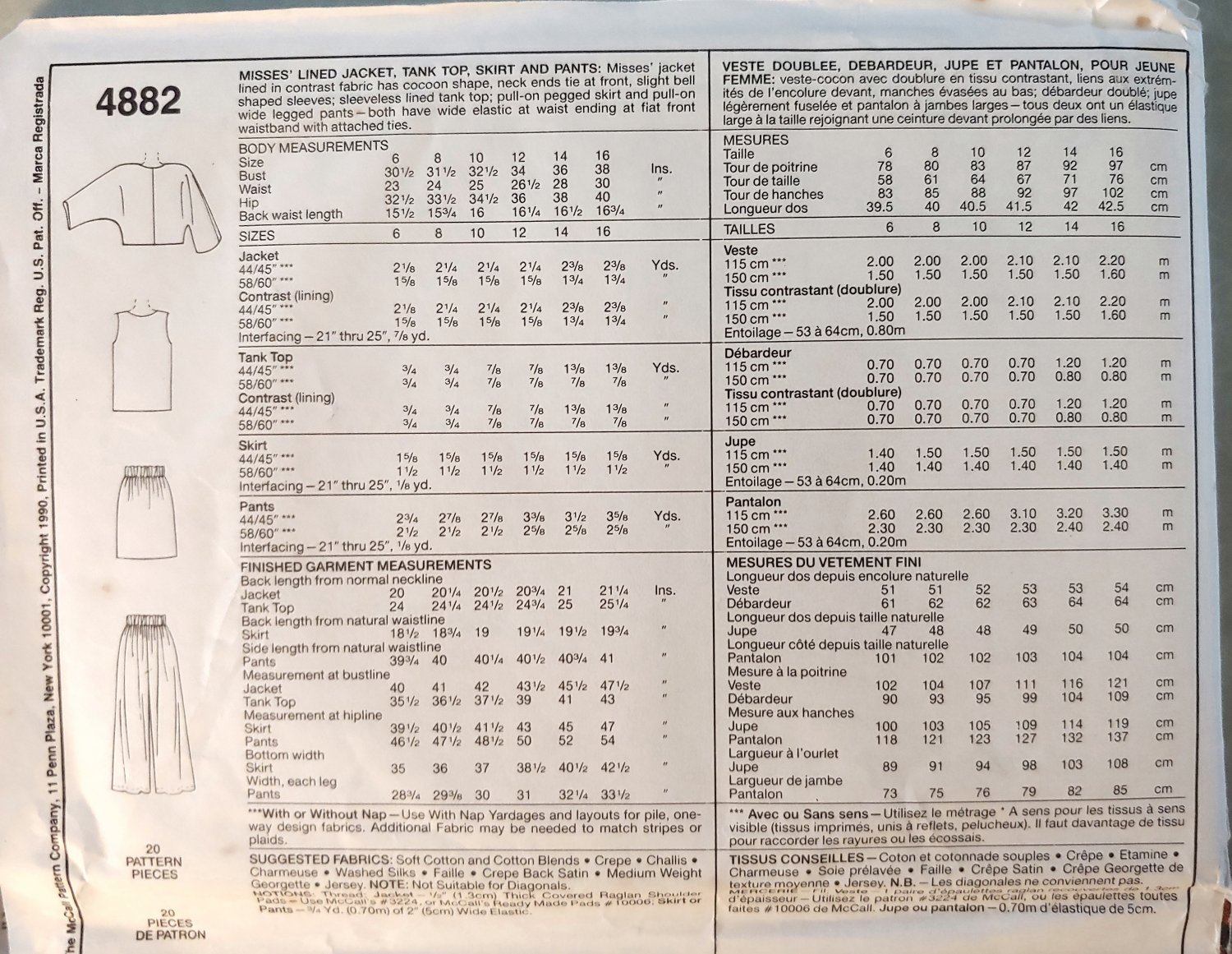 McCalls Pattern 4882 Ladies Jacket Tank Skirt Pants Size 14, uncut