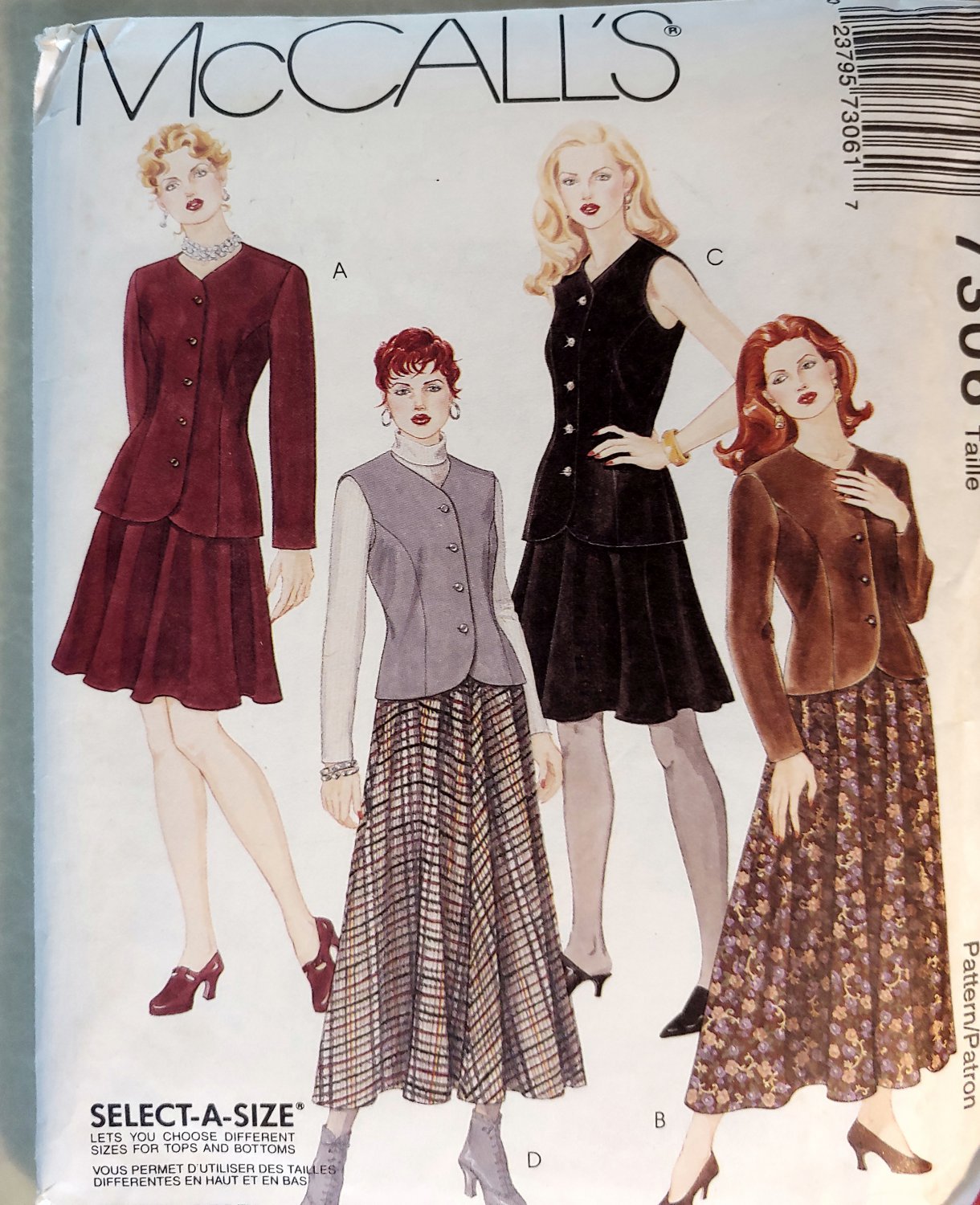 McCalls 7306 Pattern, Lined Jacket, Lined Vest and Skirt Size 8, 10, 12,    Uncut