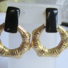 Black Enamel & Gold Tone Bamboo Earrings, by Monet. c. Late 1970s.