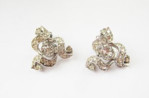 Silvertone and paste clip earrings. Bogoff. Circa early 1950s.
