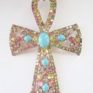 HUGE Alice Caviness Faux Turquoise Cabochon & Pastel Rhinestones Ankh Brooch