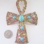 HUGE Alice Caviness Faux Turquoise Cabochon & Pastel Rhinestones Ankh Brooch