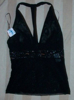 NWT WALLA W Sheer Blk Netting Diamond Halter 1 $58 NEW