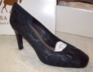 Lisa Paris Square Toe Black Leather Heels 8 NEW NIB$139