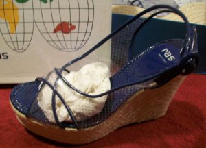 NEW RAS Perforated Clear Espadrille Wedge Sandals Shoes 40 10 Navy $298 NIB