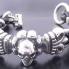 925 SILVER / LEATHER FLEUR SKULL BIKER ROCKER BRACELET