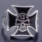 925 Silver Iron Cross Lucky 13 Skull Bone Ring sz 11.25