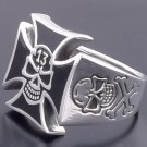 925 Silver Iron Cross Lucky 13 Skull Bone Ring sz 11
