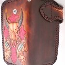 AWESOME BIFOLD CARVED BULLHORN TRIBAL FEATHER GOTHIC CROSS BIKER CHOPPER CALF LEATHER WALLET