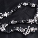 925 Silver Leather Bulldog Skull Biker Walletchain 22"
