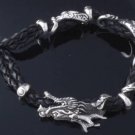 CUSTOM 925 SILVER LEATHER CLAW DRAGON's TRIBAL BIKER CHOPPER LOWRIDER BRACELET