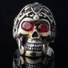 925 SILVER SKULL TRIBAL TATTOO FACE RED GEM ZIRCONIA EYES RING US SZ 7 TO 15