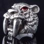 TIGER SABER TOOTH 925 STERLING SILVER RED GEM EYE MOTORBIKE RIDER RING US sz 9