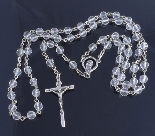 925 Sterling Silver Crucifix Gothic Cross Glass Beads Rosary / 26" NEW